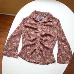 Vintage Brown Sheer Floral Bell Sleeved Blouse Size Small